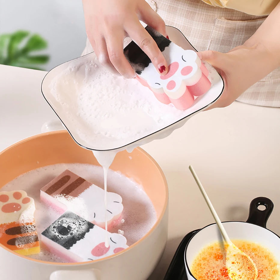 Kawaii Cat Paw Kitchen Scrub Sponges 🐾✨ - Heavy Duty Non-Scratch Dishwashing Pads (3PCS) for Fun & Effective Cleaning! 🧼💖