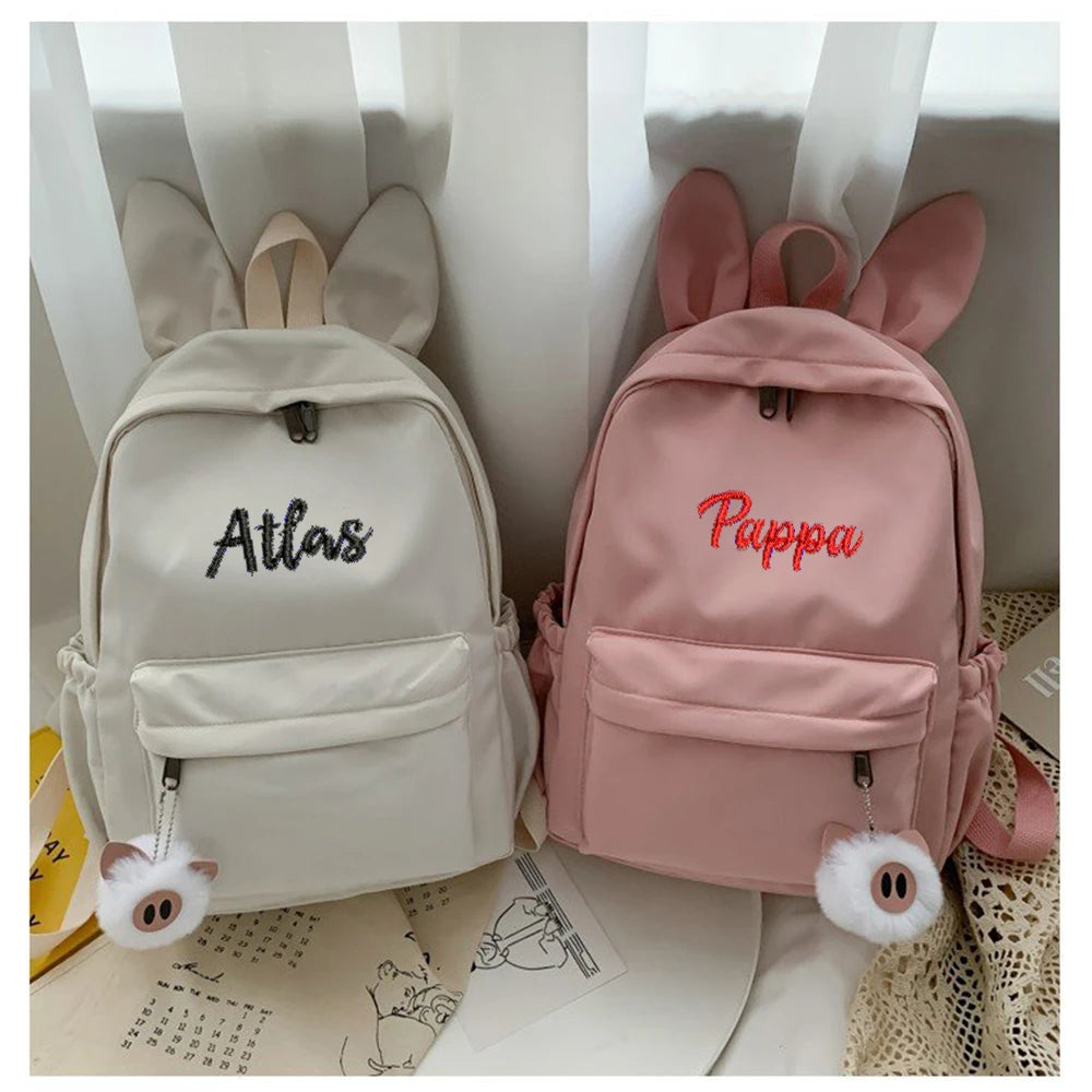 Kawaii Customizable Rabbit Ears Nylon Backpack 🎒✨ | Personalized Embroidered Name Bag for Students 🐇🎀