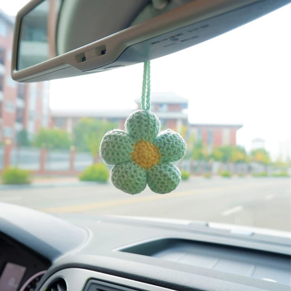 Kawaii Crochet Flower Car Mirror Charm 🌸✨ | Adorable Waffle Flower Hanging Accessory for Good Vibes! 🚗💖