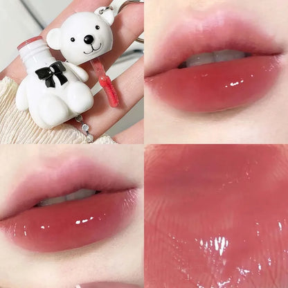Water Light Mirror Lip Glaze Waterproof Long Lasting Cute Bear Keychain Lip Gloss Silky Smooth Liquid Lipstick Women Lip Makeup
