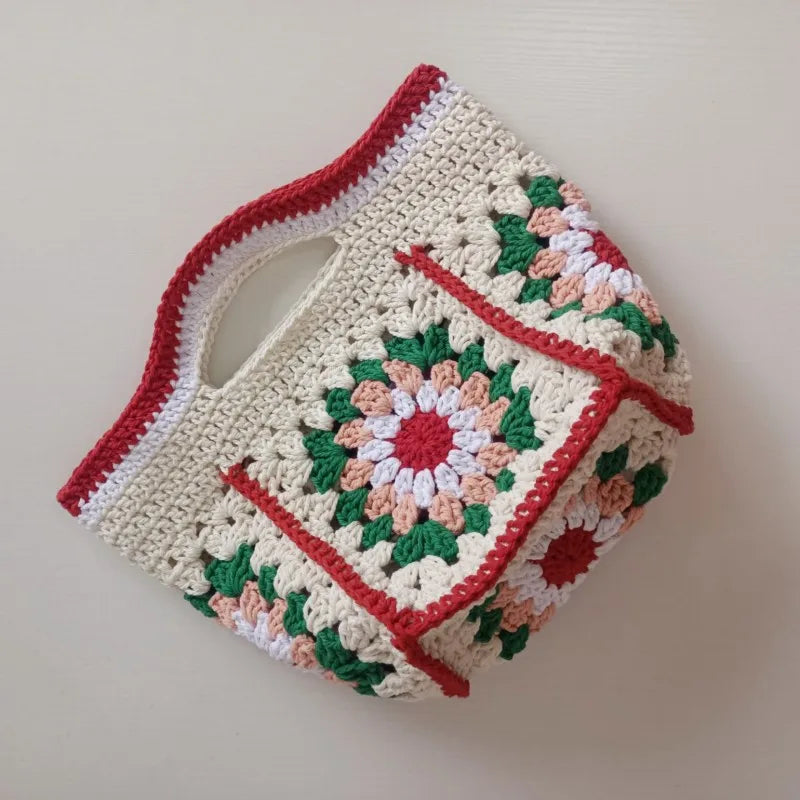 Granny Square Crochet Shoulder Bag For Women Handmade Yarn Canvas Shopper 🍓🧶