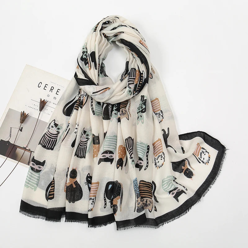 Playful Cat Print Fringed Scarf Women Cotton Viscose 180x85 Cm 🐈✨