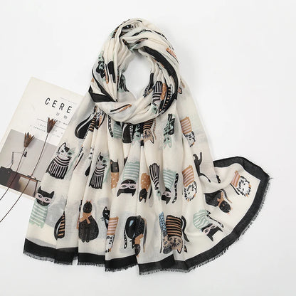 Playful Cat Print Fringed Scarf Women Cotton Viscose 180x85 Cm 🐈✨