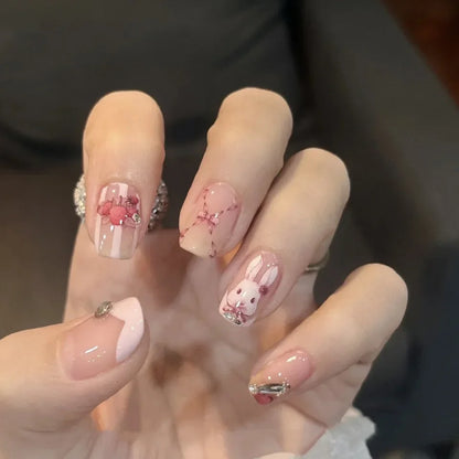 Cute Kawaii Bunny Press-On Nails 🐰✨ | 24 Pcs Full Coverage Acrylic Nail Art Set 🎨 | Reusable & Adorable Fake Nails with Tools! 💅🌸