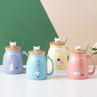Kawaii Cat Ceramic Mug with Wooden Lid & Spoon 🐾💕 | Adorable Heat-Resistant Drinkware for Milk, Yogurt & More! 🍶✨