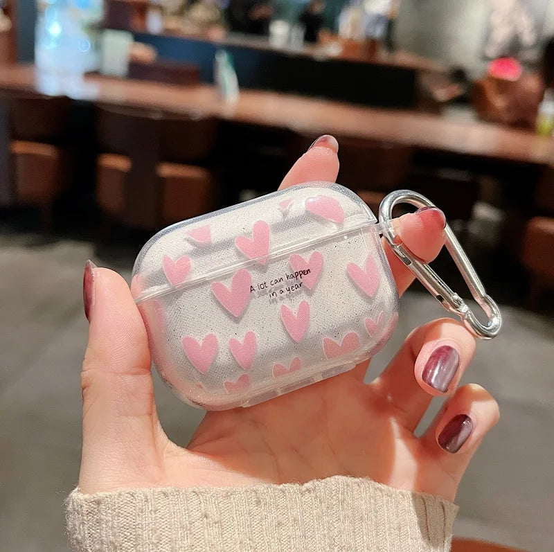 ✨Cute Glittery Heart Silicone Case for AirPods Pro 2 & 1/2/3 💖🎀 – Adorable Cartoon Style Charging Cover! 🎉 - Pixie Quill