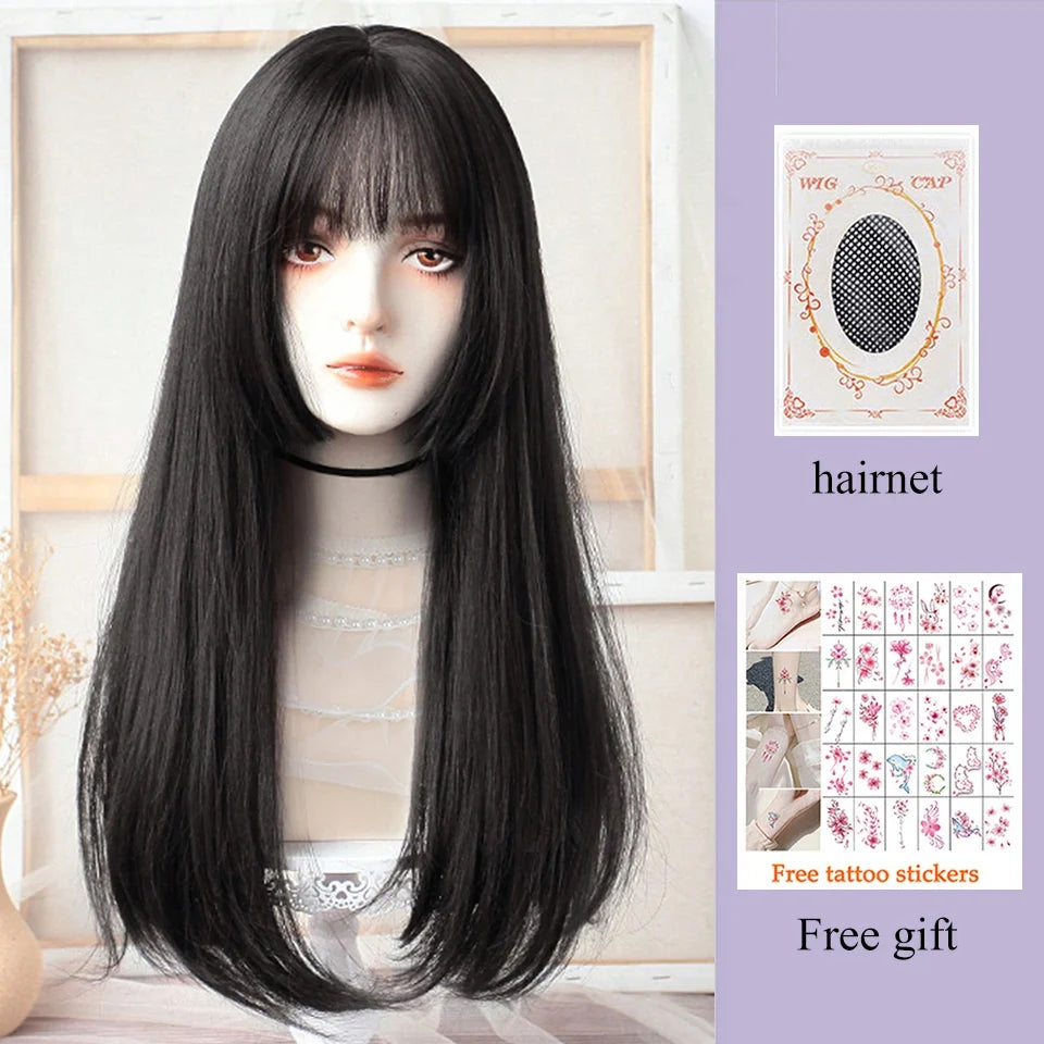 Kawaii Long Black & Red Wavy Wig 💖✨ - Cosplay & Daily Use with Bangs 🎀 | Harajuku Style!