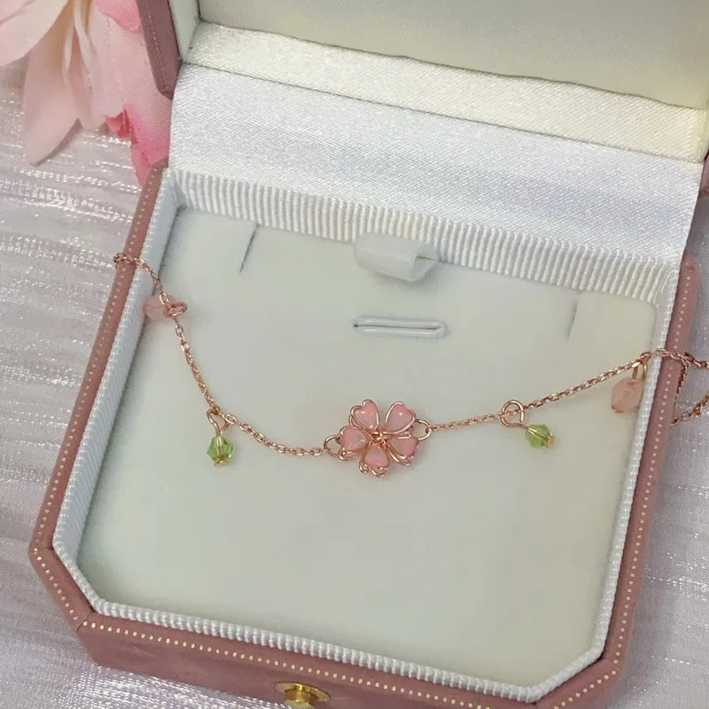 Kawaii Pink Cherry Blossom Crystal Pendant Necklace 🌸✨ | Sweet Flower Charm for Women’s Weddings & Parties 🎉💖