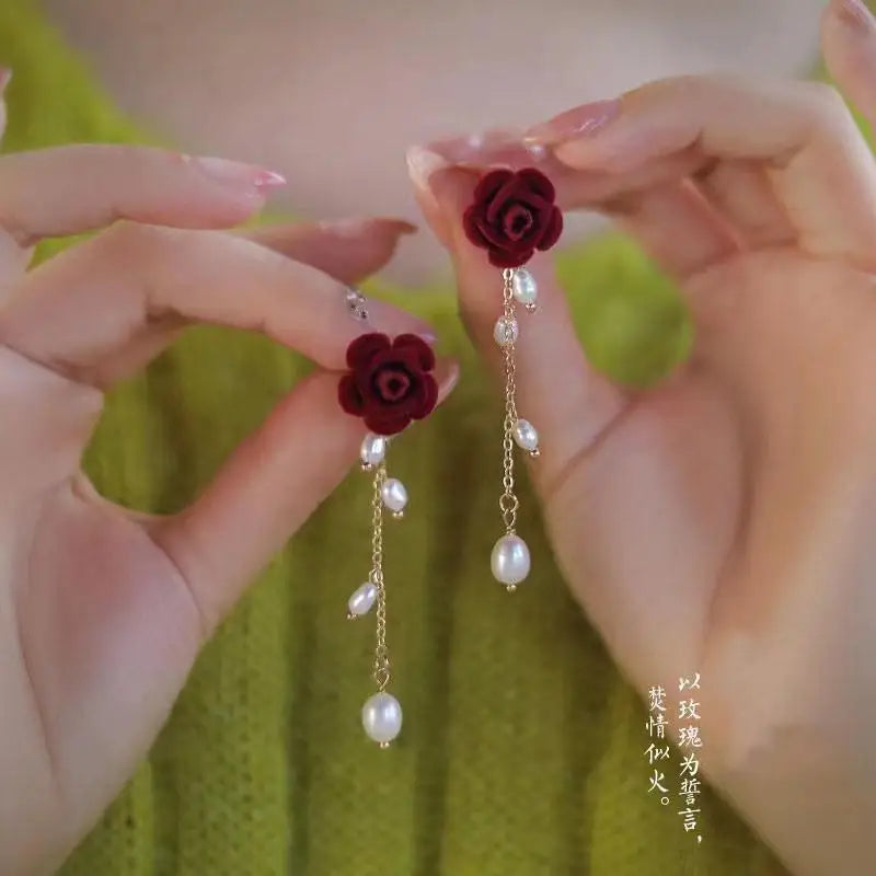 Charming Wine Red Bow Pearl Tassel Earrings 🎀🌟 | Kawaii 2024 Bridal Jewelry ✨