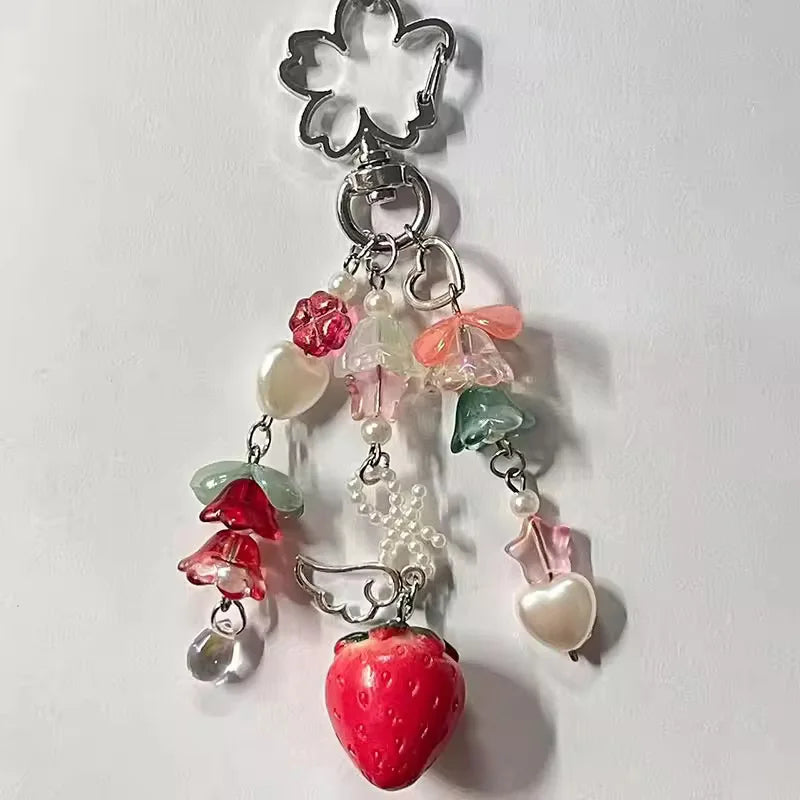 Delightful Strawberry Bow Keychain Y2K Charm Bag Pendant Lily Of The Valley Fairy Tale Jewelry Accessories 🍓🎀💫