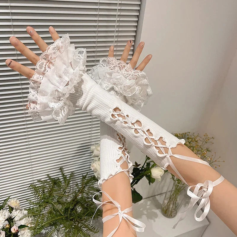 Pastel Y2K Lolita Lace Arm Warmers Fingerless Gloves Elbow Length Style 😊✨