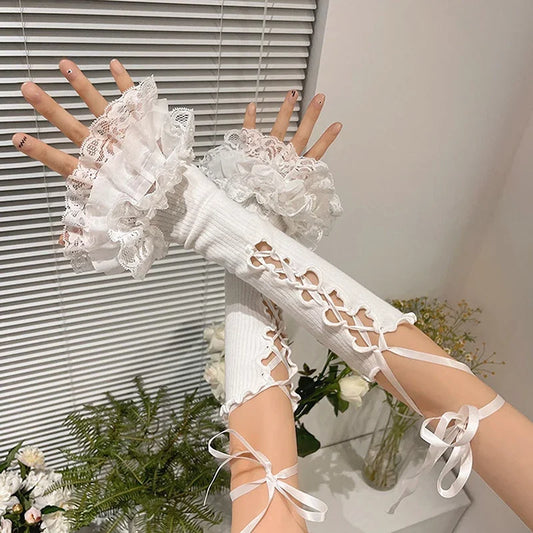 Pastel Y2K Lolita Lace Arm Warmers Fingerless Gloves Elbow Length Style 😊✨