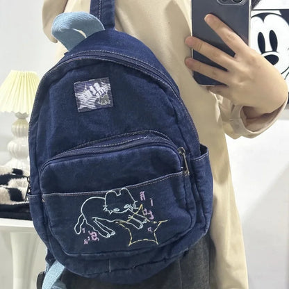 🎀 Adorable Denim Cat Backpack 🐾✨ Cute & Funky Schoolbag for Trendy Students! 🎒