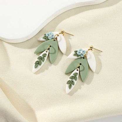 3D Handmade Flower Leaf Polymer Clay Drop Earrings In Green Blue Collision Color For Women Jewelry Gifts 🌿💙🌸