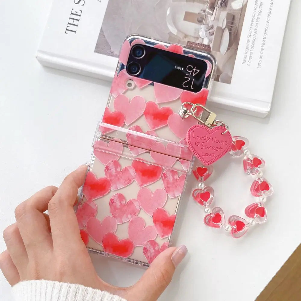 🌸✨Cute Floral Charm Case for Samsung Z Flip 6/5/4/3 - Adorable Transparent Design with Bracelet! 💖📱