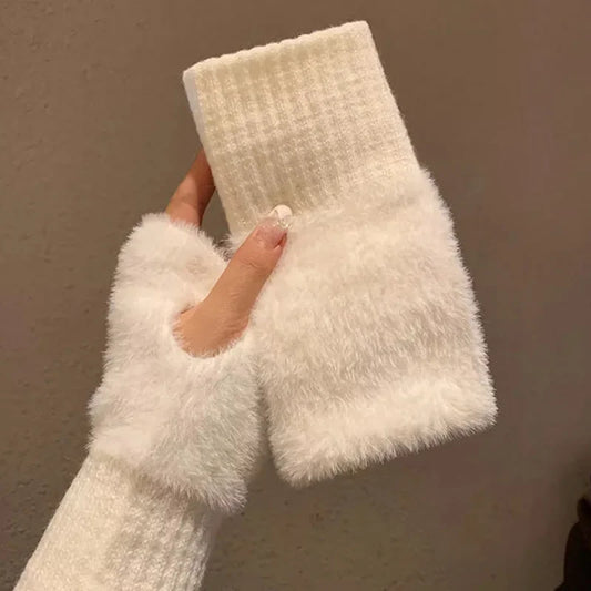 Cozy Plush Knit Fingerless Gloves For Women Warm White Wrist Mittens ❄️