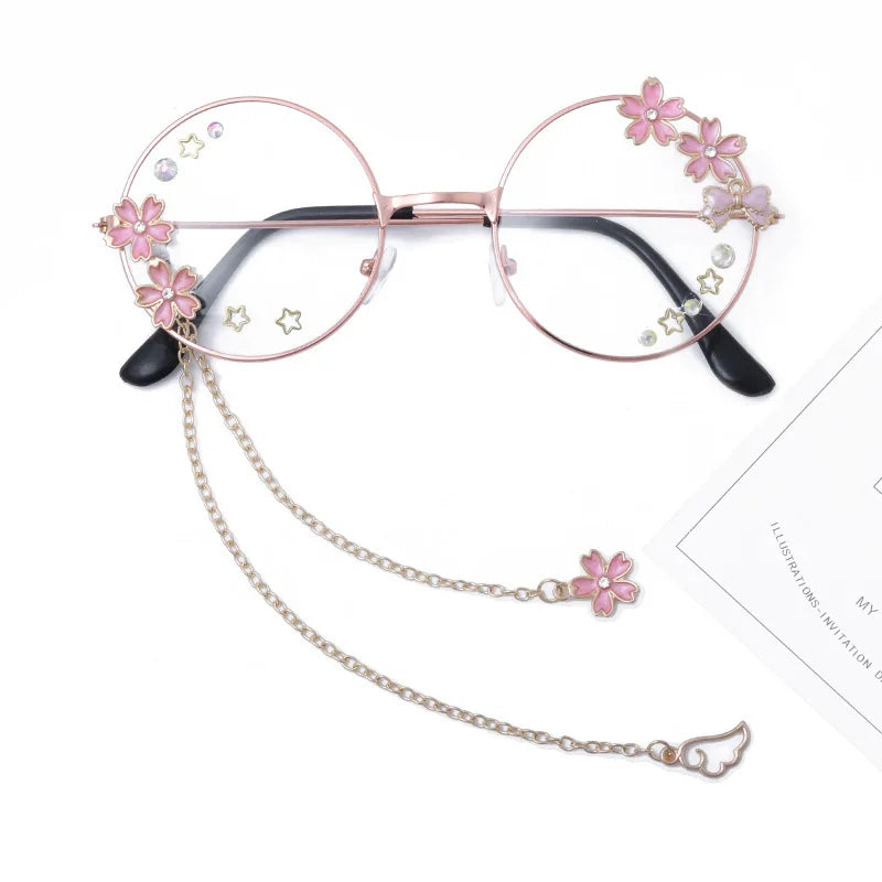 Kawaii Round Glasses with Sakura Chain 🌸✨ Cute Retro Eyewear for Cosplay & Daily Wear 👓💖