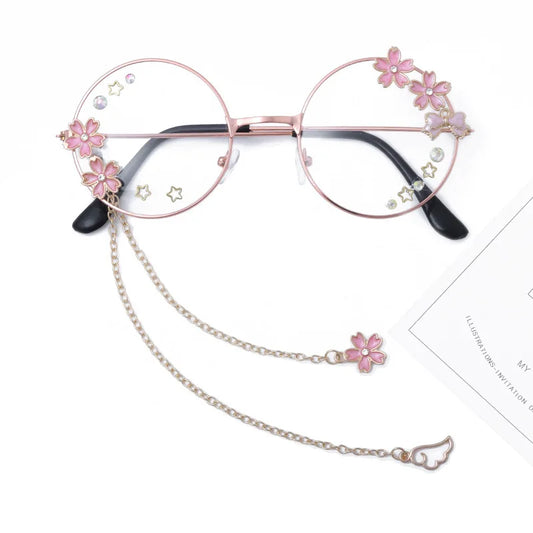 Kawaii Round Glasses with Sakura Chain 🌸✨ Cute Retro Eyewear for Cosplay & Daily Wear 👓💖