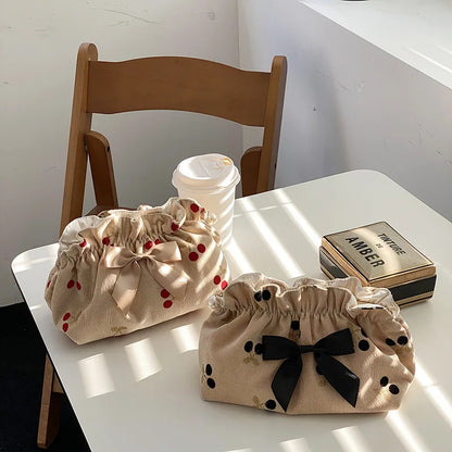 Cherry Print Corduroy Cosmetic Bag For Women Large Capacity Travel Case 💄👜