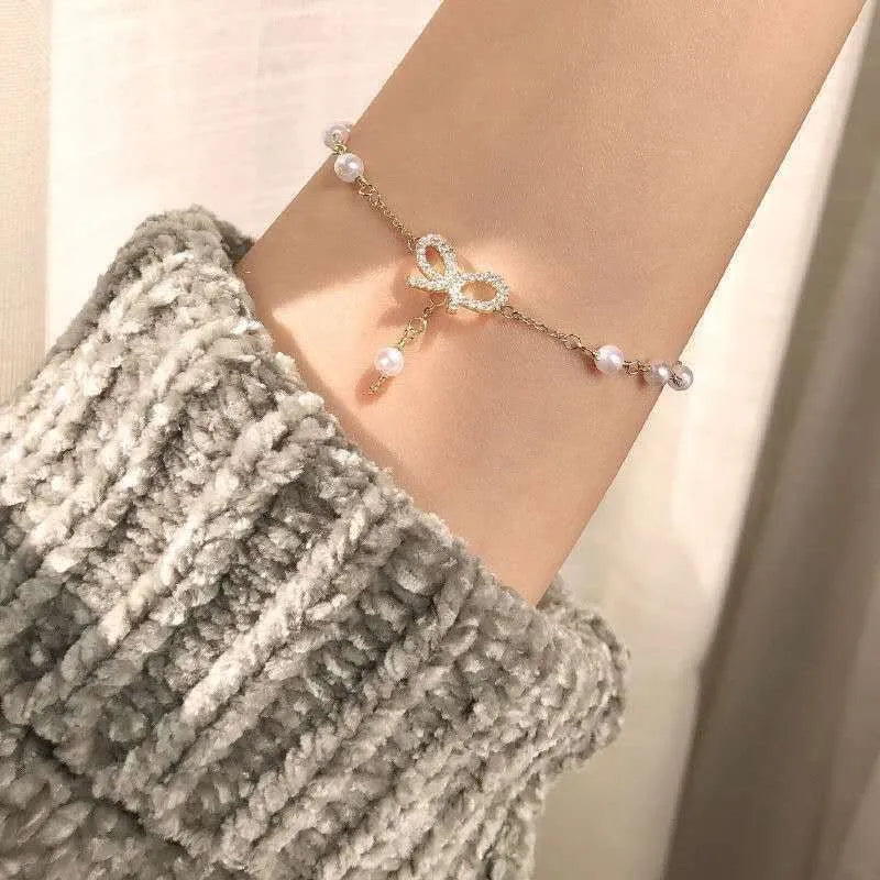 Sweet Korean Imitation Pearl Link Chain Bracelet For Women Girl Elegant Charm Crystal Bowknot Bow Jewelry Female Party Gifts