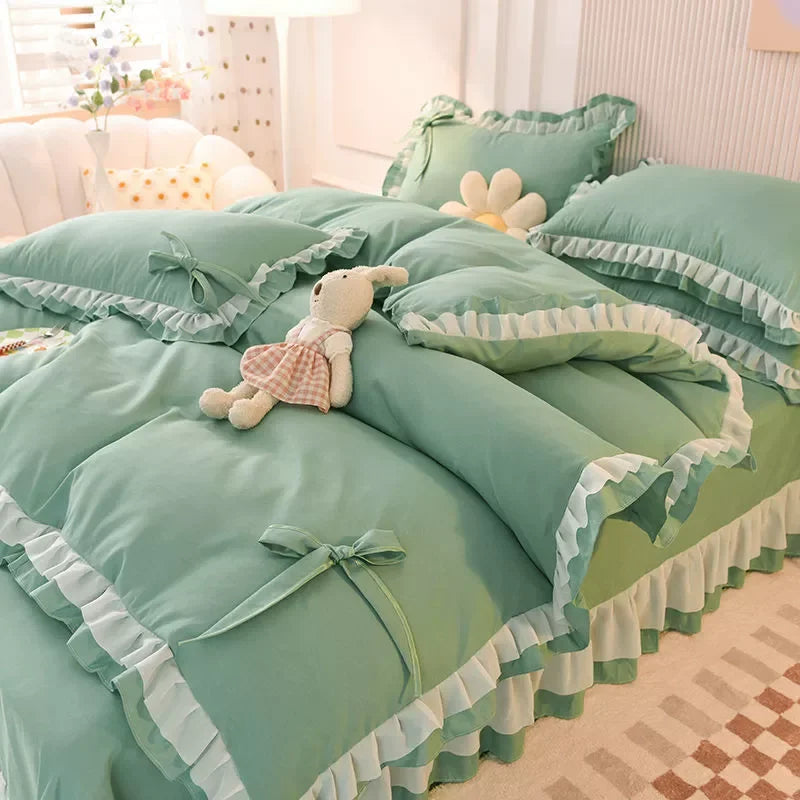 🌟 Kawaii Green Seersucker Bedding Set 🌙 4-Piece Princess Duvet & Pillowcase - Cute Home Decor! 🛏️💚