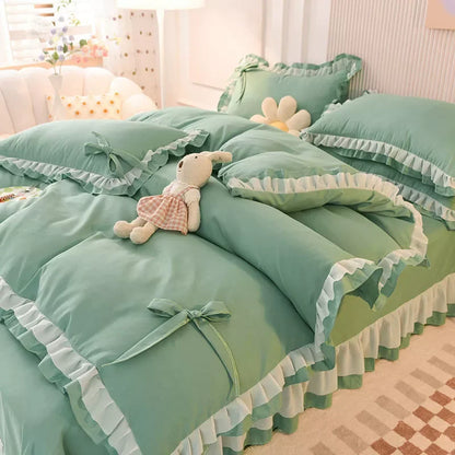 🌟 Kawaii Green Seersucker Bedding Set 🌙 4-Piece Princess Duvet & Pillowcase - Cute Home Decor! 🛏️💚