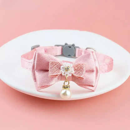 ✨ Cute Pink Lace Bow & Bead Cat Choker with Bell 🐾 Perfect Pet Accessory! 💖