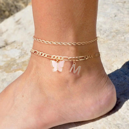 Kawaii 2Pcs Stainless Steel Initial Anklet Set 🌼✨ | 26 Letter Acrylic Butterfly Charm Foot Jewelry 🦋💖