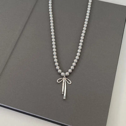 Kawaii Grey Pearl Bow Necklace & Earrings Set 🌸✨ Cute Handmade Jewelry for Trendy Women