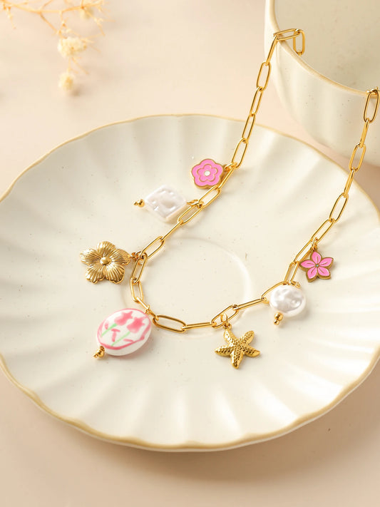 Bohemian Ceramic Tulip Pearl Oil Drop Starfish Pendant Necklace For Women Cute Jewelry Gift 🌷🐚✨