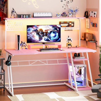 Kawaii Pink Gaming Desk 🌸✨ with LED Lights, Storage Shelves & Pegboard | Perfect for Gamers 🎮💖