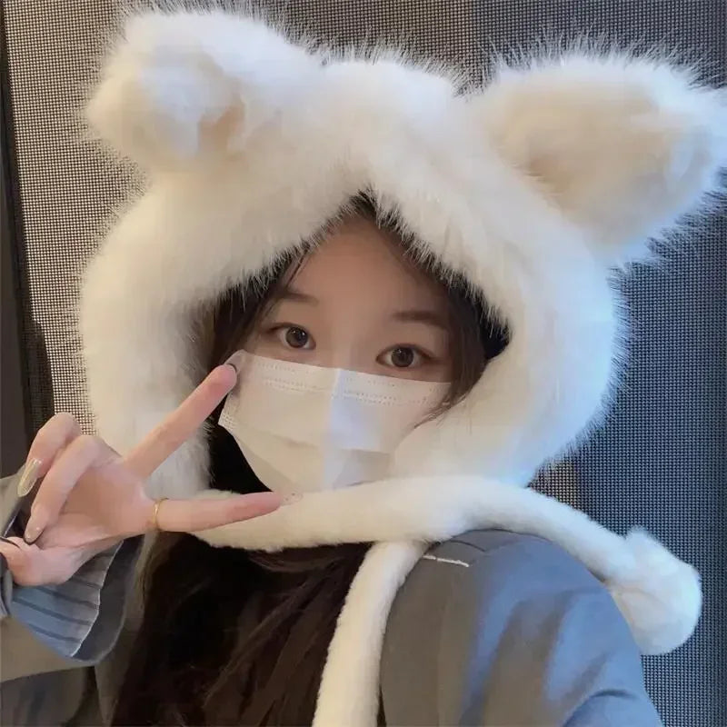 Kawaii Cat Ear Winter Beanie 🐾✨ Fluffy Faux Fur Ski Hat for Spicy Girls 🧣❄️ Cozy Knitted Retro Cap