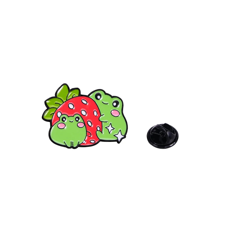 🍓🐸 Adorable Kawaii Strawberry & Frog Couple Enamel Pins - Cute Backpack Brooches! 🌟