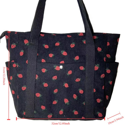 🍓 Adorable Strawberry Corduroy Shoulder Bag 🎒 Stylish & Spacious Classroom Tote! 🌸 - Pixie Quill