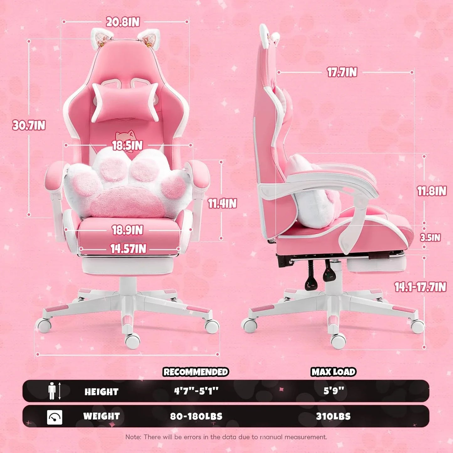 Kawaii Cat Ears Gaming Chair 🐾💖 | Ergonomic Pink PC Chair with Plush Lumbar Cushion & Footrest 🐱✨