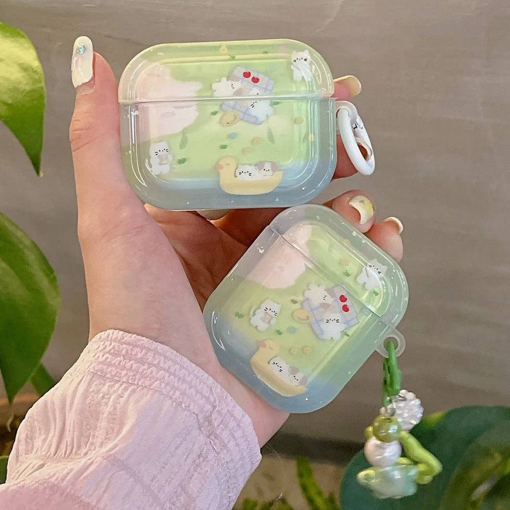 Cute Grass Puppy & Flower AirPods Case 🌼🐾 | Soft Silicone Cover with Adorable Dog Keychain for AirPods Pro 2, 1/2/3