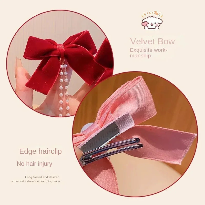 Kawaii Pearl Bow & Tassel Hair Clips 🎀✨ Cute Velvet Hair Claw for Little Princesses 👸🌟 Adorable Fashion Accessories!