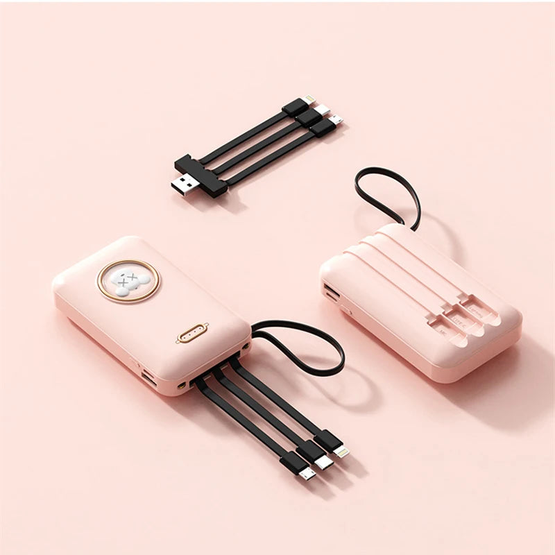Kawaii Pet Power Bank 🐾✨ | 20,000mAh Mini Charger with Built-in Cables & LED Light 💖