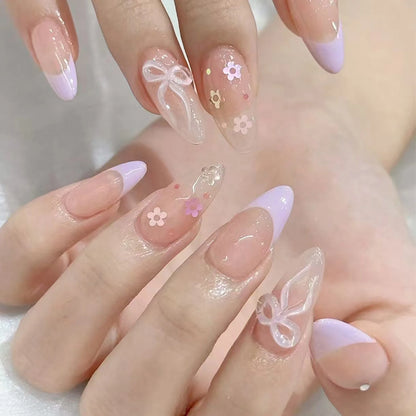 Kawaii 24Pcs Blush Pink Almond Press-On Nails 🌸✨ with 3D Bow Knot Decor - Sweet Glossy Full Cover Tips for Creative Nail Art! 💖💅