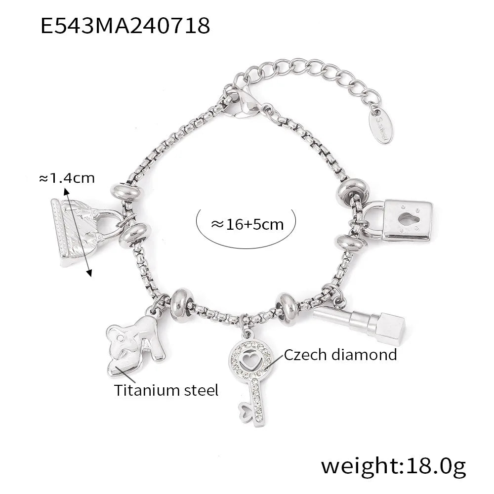 Kawaii Moon & Heart Stainless Steel Charm Bracelet 🌙💖 | Cute Luxury Jewelry Gift for Women 🎁✨