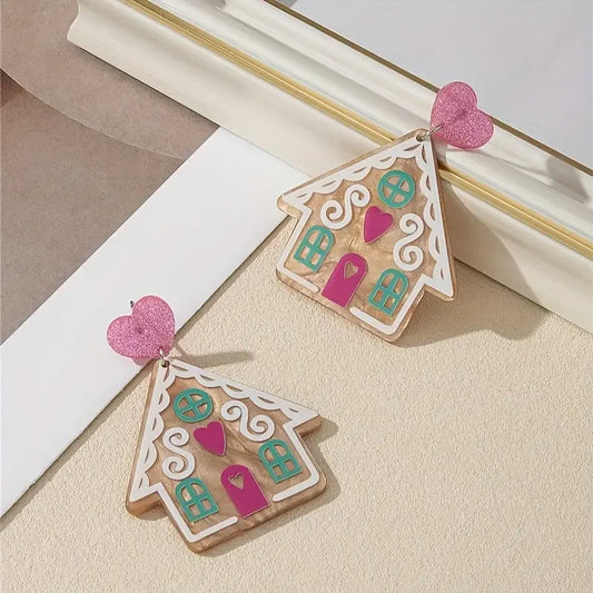 Pair Gingerbread House Earrings Acrylic Cute Hearts Pink Teal Christmas 🎄💗