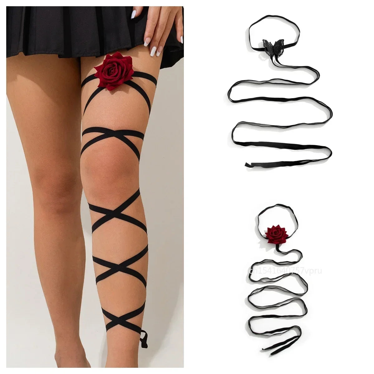 Kawaii Gothic Multi-Layer Black Thigh Chain with Rose & Butterfly 🌹🦋 | Trendy Body Jewelry for Cosplay & Harajuku Style!