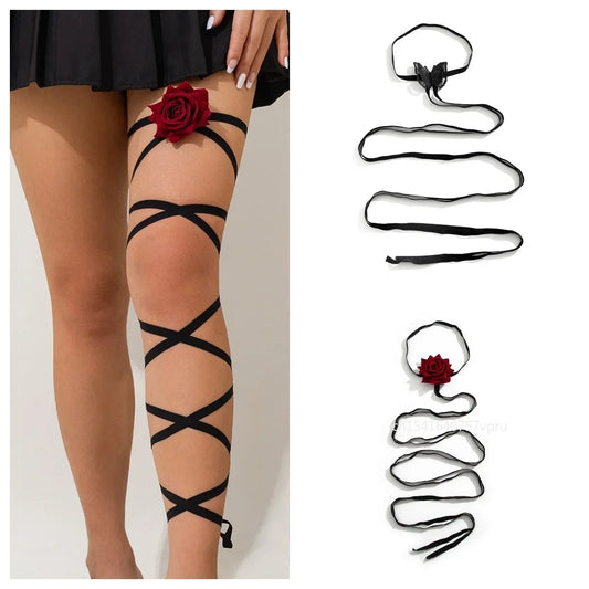 Kawaii Gothic Multi-Layer Black Thigh Chain with Rose & Butterfly 🌹🦋 | Trendy Body Jewelry for Cosplay & Harajuku Style!