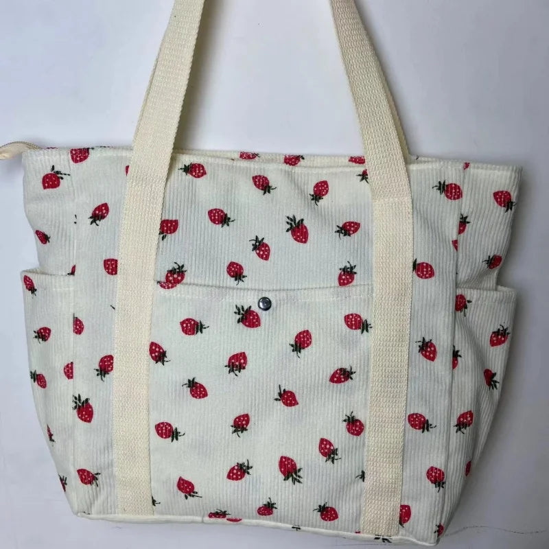 🍓 Adorable Strawberry Corduroy Shoulder Bag 🎒 Stylish & Spacious Classroom Tote! 🌸 - Pixie Quill