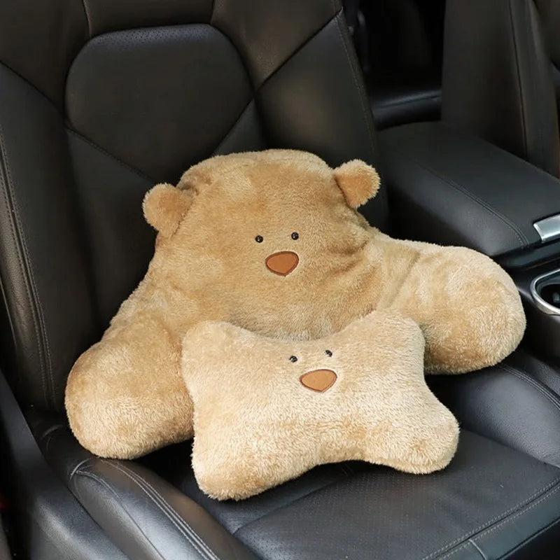 Kawaii Bear Plush Car Neck & Lumbar Support Pillow 🐻✨ - Cozy Cartoon Comfort for Your Drive! 🚗💖