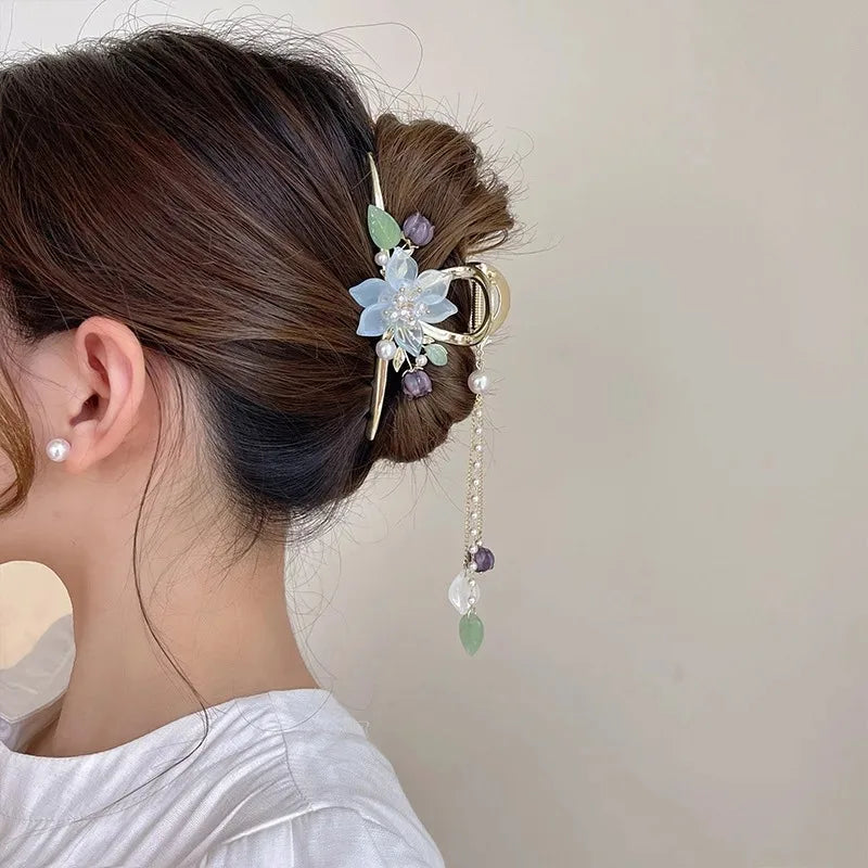 Kawaii Orchid Flower Pearl Tassel Hair Clip 🌸✨ | Adorable Ponytail Grabber for Girls | Trendy Fashion Hair Accessory!