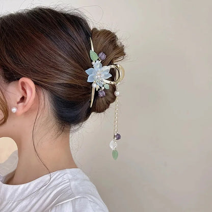 Kawaii Orchid Flower Pearl Tassel Hair Clip 🌸✨ | Adorable Ponytail Grabber for Girls | Trendy Fashion Hair Accessory!