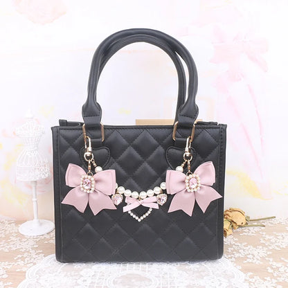 Kawaii Pearl Bow Rhinestone Love Pendant Bag Charm 🎀 | Handmade Japanese Sweet Accessories for Girls 💖✨
