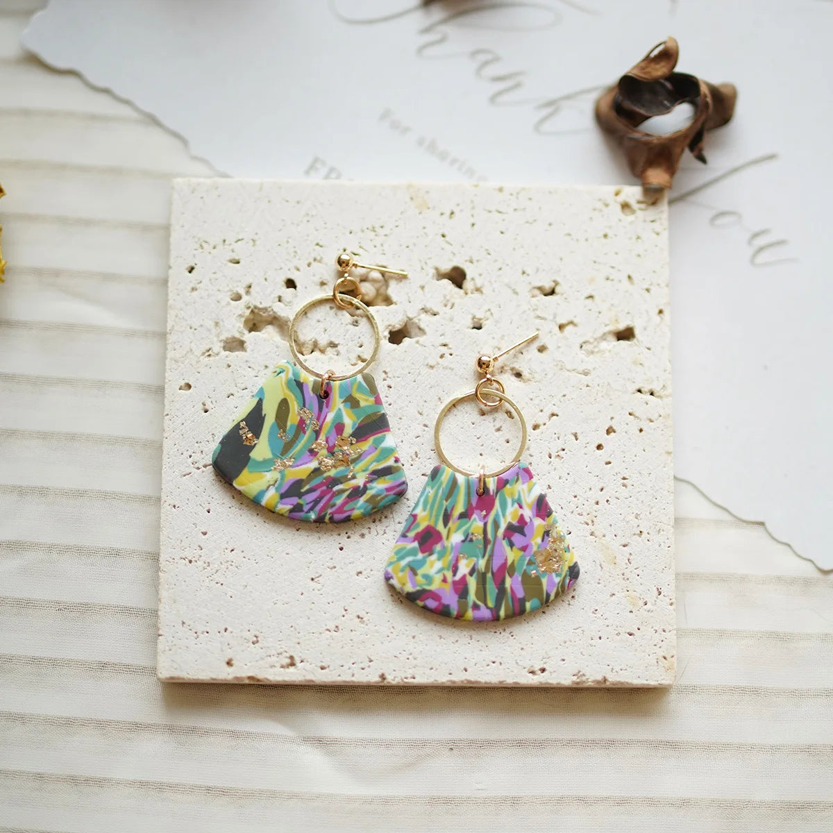 Pastel Marble Shield Polymer Clay Drop Earrings With Brass Ring Charm 💗✨