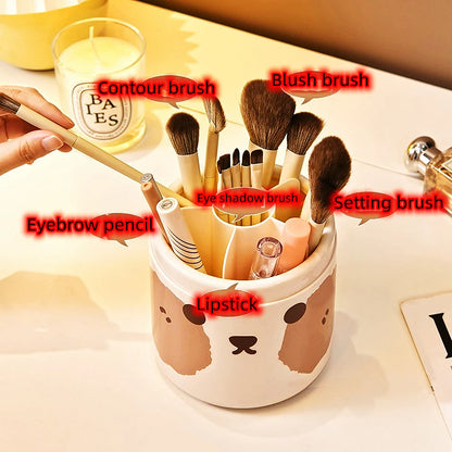 Adorable 360° Rotating Bear Makeup Brush Holder 🐻💖 - Cute Cosmetic Organizer with Lid for Brushes, Lipsticks & More! 🌈✨